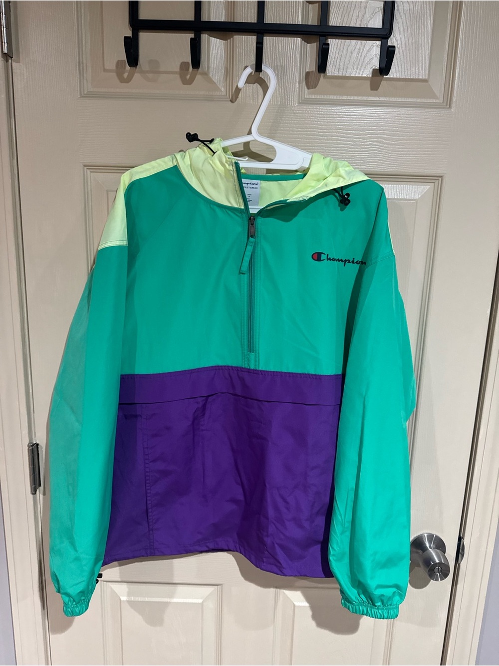 Champion Teal, Purple & Lime Colorblock Hooded Rain Pullover